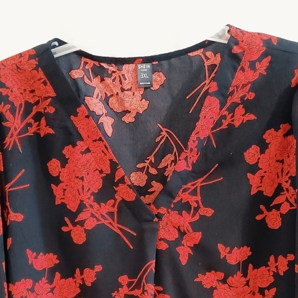 Women floral print blouse long sleeves black& red pop over‎ - Picture 3 of 10